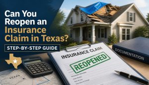 Question about reopening an insurance claim in Texas with a damaged house in the background and a stamped 'REOPENED' claim form on the desk; includes a Texas map and calculator for context.