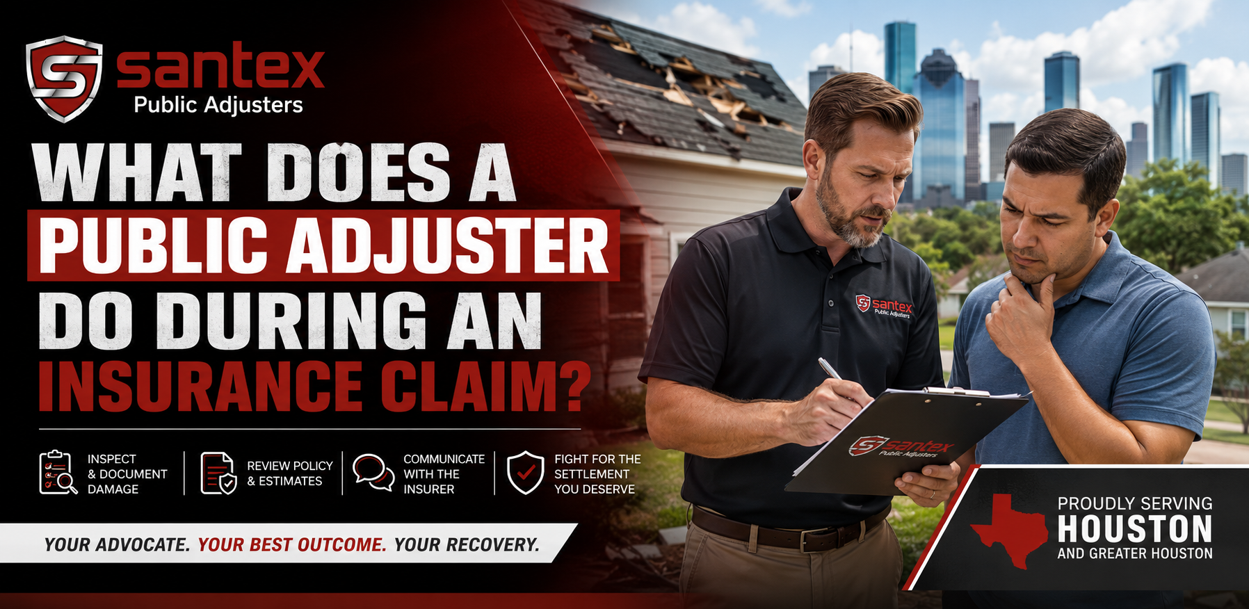 Public adjuster and homeowner reviewing property damage and claim paperwork in Houston.