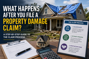 Damaged house roof and property insurance claim process guide for fire and smoke damage recovery.