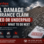 Tejado dañado por el granizo bajo nubes de tormentas con un documento de reclamo de seguro negado y los Ajustadores Públicos de Santex marcando para Texas daños del granizo reclaman ayuda.