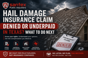 Hail-damaged roof under storm clouds with a denied insurance claim document and Santex Public Adjusters branding for Texas hail damage claim help.