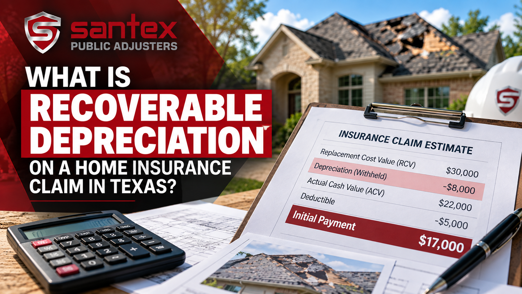 Recoverable depreciation on a Texas home insurance claim with damaged roof, insurance estimate, and claim payment calculation.