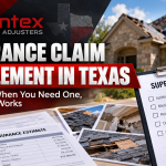 Suplemento de reclamación de seguro en Texas con techo dañado, formulario de reclamación suplementaria, estimación de seguros, fotos de reparación y calculadora.